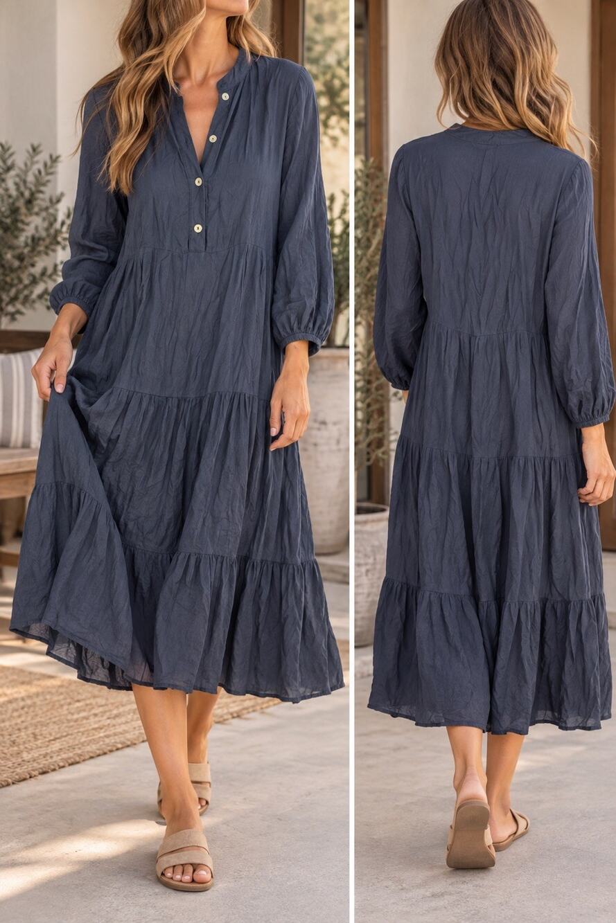 Baci Women’s Blue Silk Blend Button Front Long Sleeve Midi Shirt Dress M